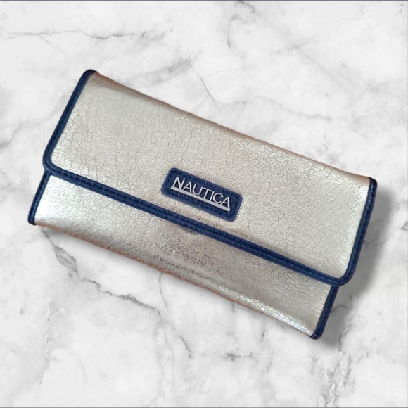 Nautica Damsel Logo Trifold Wallet RFID Blocking Protection Gold Crinkle NEW - Picture 1 of 10